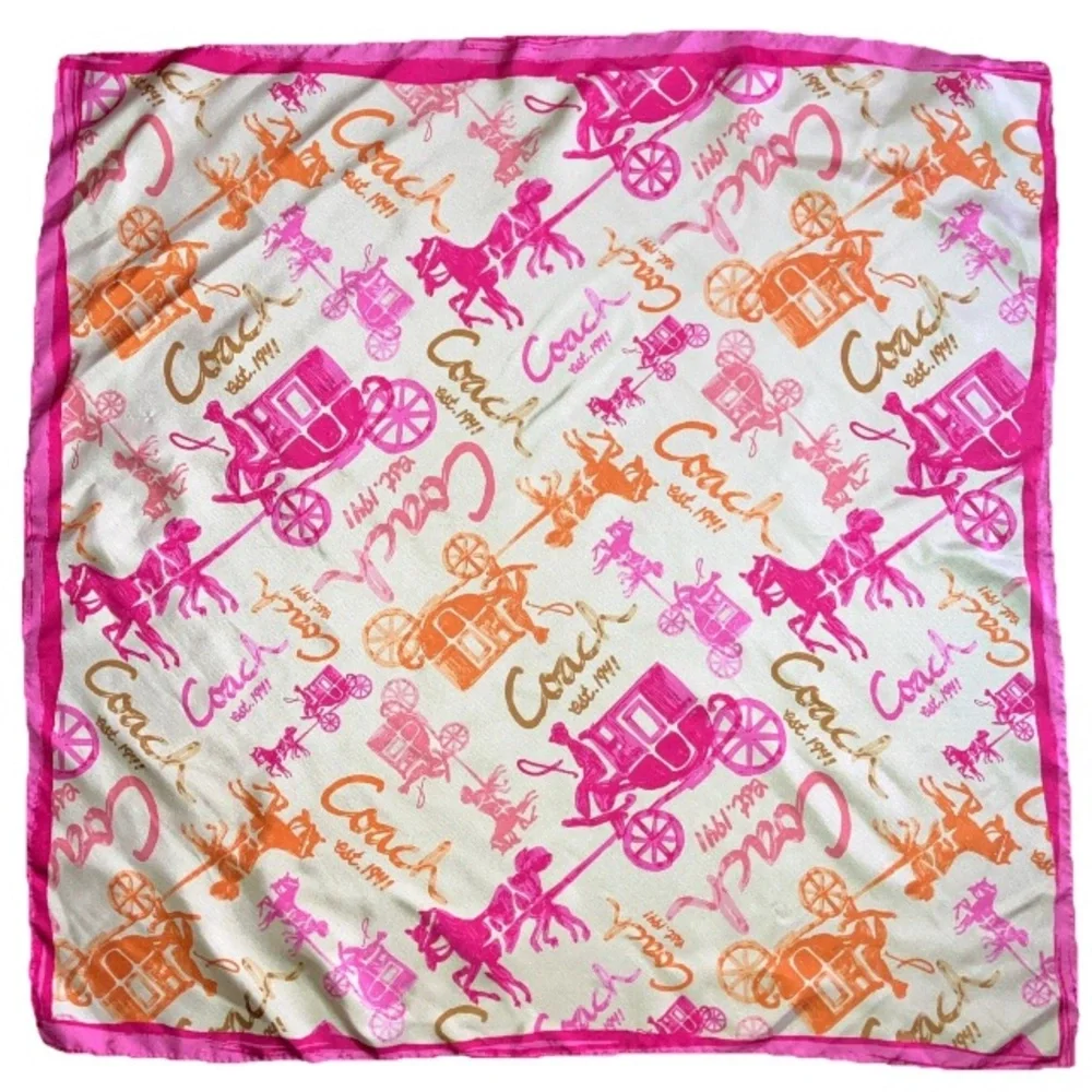 Coach Signature Horse & Carriage Printed Silk Print Square Scarf Womens Pink 26”